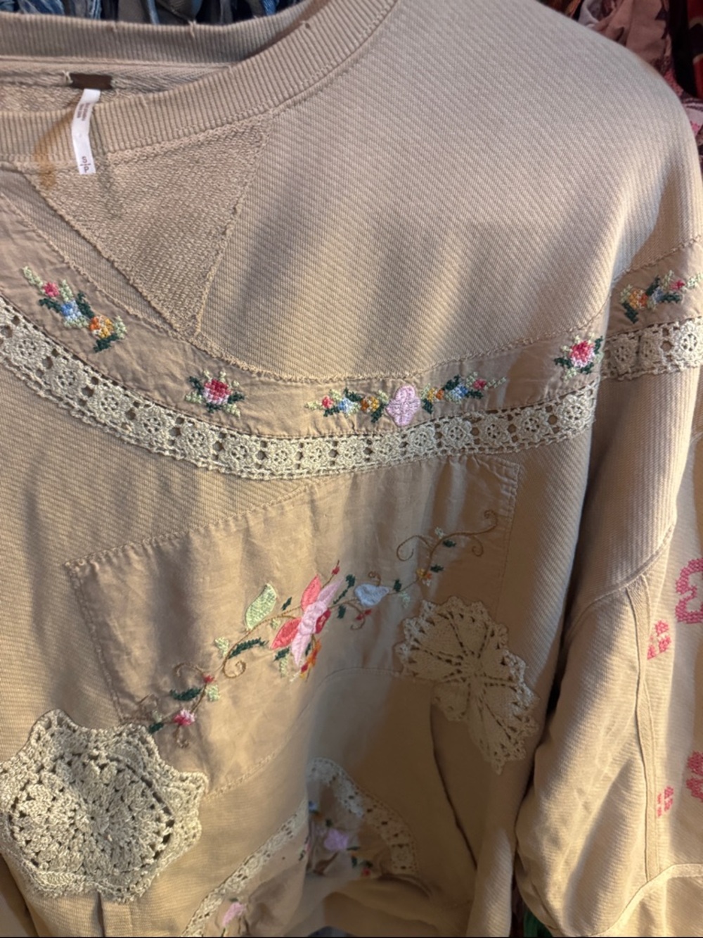 Free People Beige Crochet & Embroidered Pullover Sweatshirt - Picture 4 of 5
